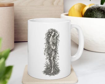 Botanical Goddess Ceramic Mug | Vintage Pencil Sketch Plant Lover Coffee Cup