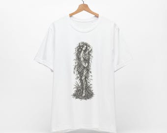 Camiseta con estampado botánico / Camiseta con ilustración de naturaleza monocromática / Ropa unisex estilo cottagecore