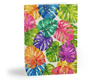 Regenbogen Aquarell Monstera Blatt Karte | Tropisches botanisches Briefpapier (A2 Size)