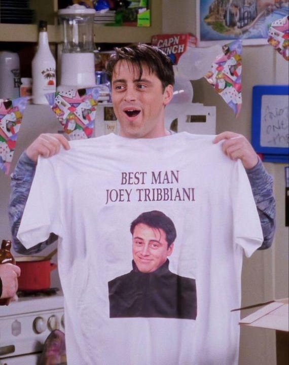 Ross Geller Bachelor Bash T-Shirt: Joey Tribbiani Man 90s Retro Tee