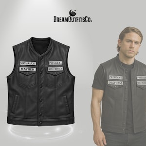 May include: Black leather vest with a mandarin collar, two chest pockets, and button closures. Patches read "Sons of Anarchy Mayhem" and "President Men of Mayhem". The DreamOutfitsCo. logo is at the top.