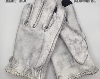 Handmade Distressed White Leather Gloves | Touchscreen Winter Driving Gloves