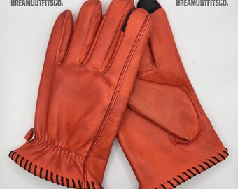 Handmade Orange Leather Driving Gloves | Touchscreen Cowhide Winter Gloves