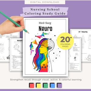 May include: A digital download titled "Nursing School Coloring Study Guide." The cover features a colorful illustration of a brain and a woman's profile, with the word "Neuro" in bold. The image includes the text "20+ Coloring Pages."