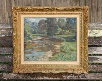 Vintage River Landscape In Carved Wooden Frame
