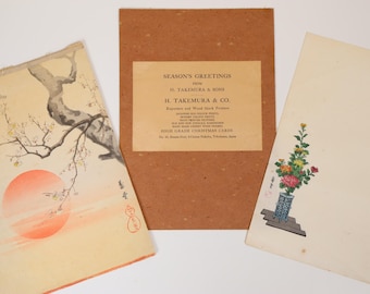 Tarjetas navideñas antiguas japonesas impresas con grabados en madera