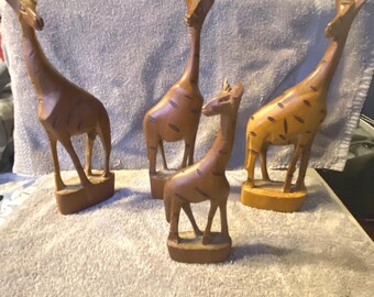 Vintage Hand Carved Wood Giraffe Family Figurines, Boho Decor