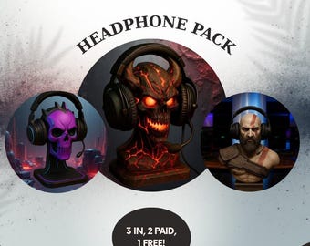 May include: An advertisement for a headphone pack with three designs: a purple skull, a fiery demon skull, and a bust of a bearded man. Text reads "MEET ARENPRINT! HEADPHONE PACK" and "3 IN, 2 PAID, 1 FREE!"