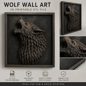 May include: A 3D printable STL file for wolf wall art featuring a dark, textured square frame containing a relief sculpture of a howling wolf head with detailed fur and an open mouth. The design is presented in multiple views including a front and side angle.