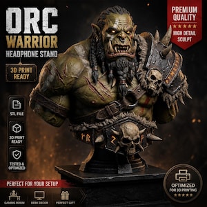 May include: Orc Warrior headphone stand, a detailed 3D-printed bust with a green complexion, tusks, and intricate armor. The stand features the text "ORC WARRIOR HEADPHONE STAND" and is designed for gaming rooms and desk decor. The image also includes the text "3D PRINT READY".