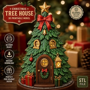 May include: A 3D printable model of a Christmas tree house featuring a green tree structure, a brown arched door with a wreath, a gold star topper, a red bow, and small windows. The design includes gift boxes at the base and a lantern.