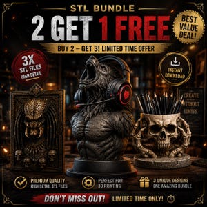 May include: A digital bundle of three 3D printable STL files featuring a rectangular plaque with a creature face, a muscular werewolf bust wearing gaming headphones, and a skull-shaped pencil holder with skeletal hands on a circular base.