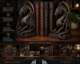 STL serre-livres dragon | Porte-livre dragon fantastique | Fichier d'impression 3D | Décoration d'étagère gothique | Cadeau MdD | Imprimable en résine et FDM