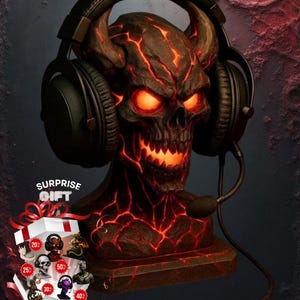 Gaming Kopfhörer Ständer STL und Überraschungsgeschenk - 3D druckbarer Schädel Lava Dämon Kopfhörer Ständer, PC Schreibtisch Dekor, 3D Druck Datei, Gamer Geschenk