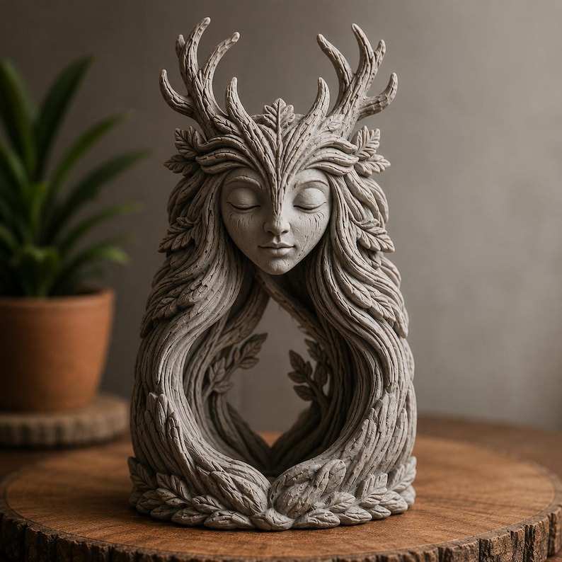 May include: A gray, stone-like sculpture depicting a serene face with closed eyes, framed by flowing hair that transitions into tree bark textures, leafy details, and prominent antlers extending from the top of the head.