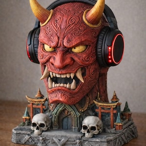 May include: A red demon head sculpture with yellow horns and large fangs, wearing black headphones with red accents. The sculpture sits on a base with skulls and miniature archways, creating a fantasy theme.