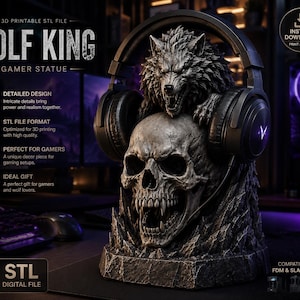 May include: A detailed, gray gamer statue featuring a wolf head atop a skull, with headphones. The statue is a 3D printable STL file, perfect for gamers. The text on the image reads "WOLF KING GAMER STATUE".
