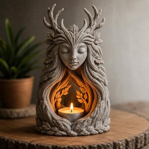 May include: A gray stone-colored candle holder shaped like a forest spirit with closed eyes, antlers, and leaf-like hair. The sculpture features a hollow center containing a small, lit tea light candle that casts a warm glow on the interior.