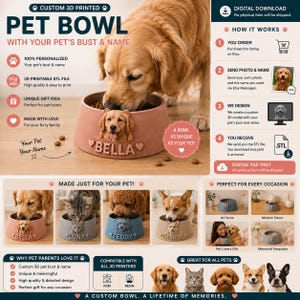 May include: A custom 3D printable pet bowl digital file featuring a sculpted pet bust and name on the front. The design includes a bowl with the name BELLA and a golden retriever bust, alongside instructional text for ordering a personalized STL file.