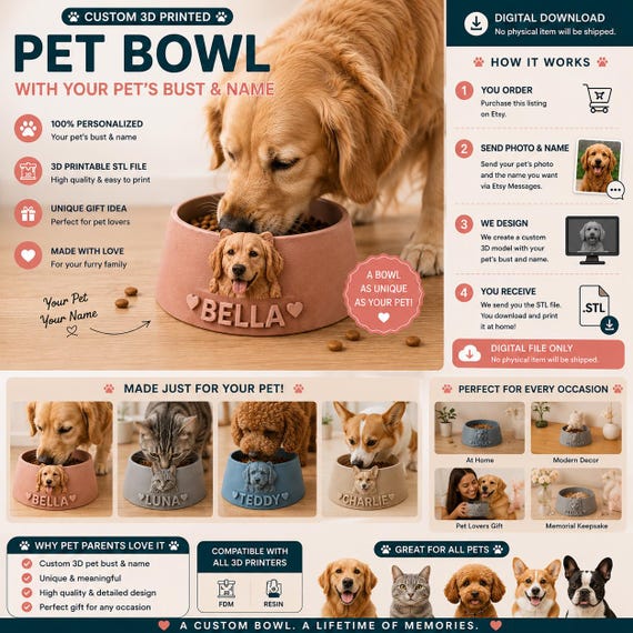 Custom Pet Bowl STL File | Personalized Dog Cat Bust (Digital Download)