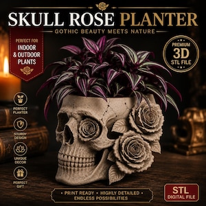May include: A beige skull-shaped planter featuring three sculpted roses on the side, containing a plant with purple and green striped leaves. The image includes text: SKULL ROSE PLANTER, GOTHIC BEAUTY MEETS NATURE, PREMIUM 3D STL FILE.