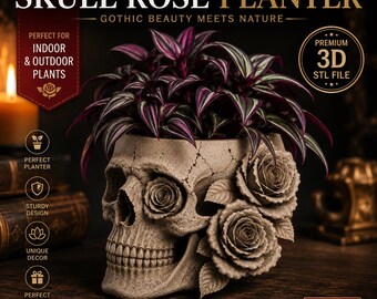 Gotisk dödskalleplanter i STL | Dödskallerosblomkruka | 3D-utskrivbar växtkruka | Halloweendekor | Suckulentplanter | Digital nedladdning i STL