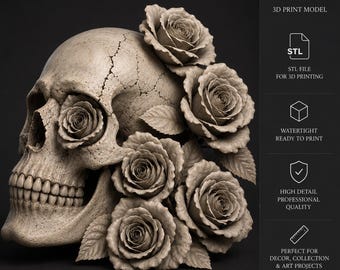 Dödskalle Ros STL | Gotisk Dödskalle 3D-utskriftsfil | Blommig Dödskalle STL | Mänsklig Dödskalle med Rosor | Mörk Dekor | Halloweendekor | Utskrivbar Skulptur