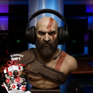 Busto de Kratos con soporte para auriculares y regalo sorpresa - Decoración de escritorio de God of War (archivo STL imprimible en 3D)