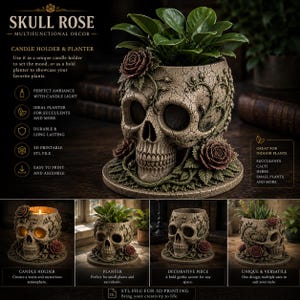 May include: A skull-shaped multifunctional decor piece featuring a cracked stone texture, adorned with sculpted roses and vines. This item functions as a candle holder or a planter, shown with a green plant inside and in various display configurations.