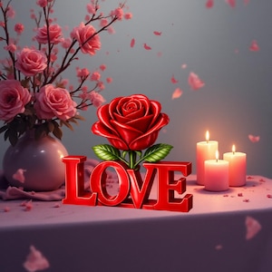 May include: A romantic still life featuring a vibrant red rose with green leaves, the word "LOVE" in red letters, and three lit candles. Pink flowers in a vase and scattered petals complete the scene.