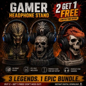 May include: A promotional image for gamer headphone stands. The stands feature detailed sculptures of a Predator, a wolf, and a dragon skull. The text reads "GAMER HEADPHONE STAND" and "3 LEGENDS. 1 EPIC BUNDLE."