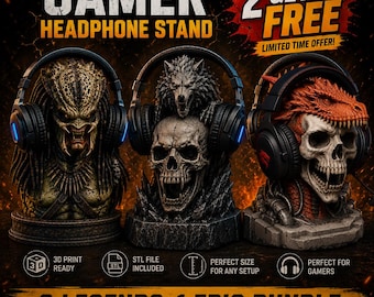 May include: A promotional image for gamer headphone stands. The stands feature detailed sculptures of a Predator, a wolf, and a dragon skull. The text reads "GAMER HEADPHONE STAND" and "3 LEGENDS. 1 EPIC BUNDLE."