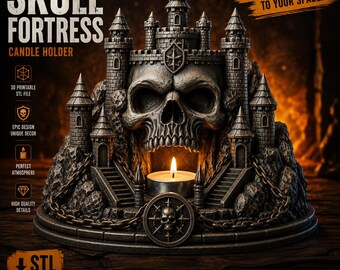 Świecznik w kształcie gotyckiego zamku z czaszką (STL) | Dekoracja w stylu dark fantasy | Plik STL do druku 3D | Dekoracja domu w stylu gotyckim na Halloween
