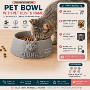 May include: A gray 3D printed pet bowl featuring a sculpted cat bust and the name LUNA in raised letters. The bowl includes an instructional graphic titled HOW IT WORKS, detailing a four-step process for ordering a custom digital STL file download.