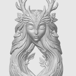 May include: A light gray monochromatic 3D render of a stylized figure with closed eyes, featuring long flowing hair that transitions into tree branches and leaves. The figure has prominent antlers extending from the top of the head.