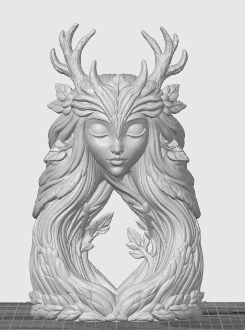May include: A light gray monochromatic 3D render of a stylized figure with closed eyes, featuring long flowing hair that transitions into tree branches and leaves. The figure has prominent antlers extending from the top of the head.