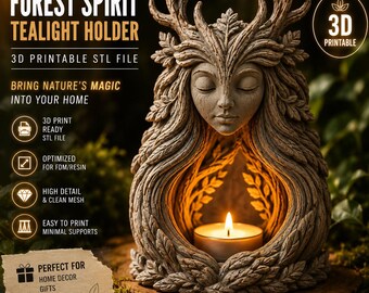 Portacandele Spirito della Foresta STL, Portacandele per lumini a tema bosco, Decorazione fantasy per la casa, File STL per stampa 3D, Stampabile in resina, Download digitale