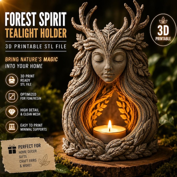 Forest Spirit Candle Holder STL, Woodland Tealight Holder, Fantasy Home Decor, 3D Print STL File, Resin Printable, Digital Download