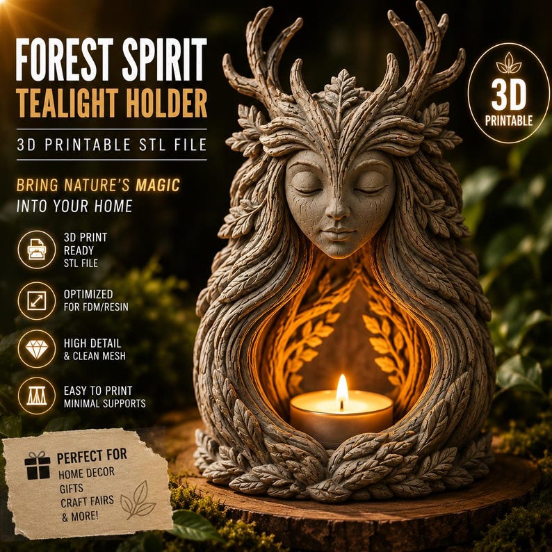 May include: A 3D printable Forest Spirit tealight holder STL file featuring a sculpted face surrounded by leaves and antlers. The design includes a hollow center for a candle, with text overlays detailing 3D print readiness, optimized FDM/resin compatibility, high detail, clean mesh, and minimal support requirements.