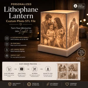 May include: A square lithophane lantern featuring custom photo panels with 3D printed imagery of families and pets. The lantern sits on a white base and is designed for LED candle lighting. The text includes Personalized Lithophane Lantern.