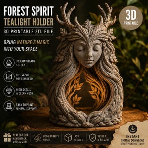 Forest Spirit Candle Holder STL, Woodland Tealight Holder, Fantasy Home Decor, 3D Print STL File, Resin Printable, Digital Download image 2