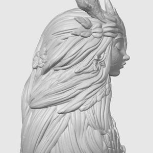 May include: A light gray monochromatic 3D sculpture of a profile bust featuring a figure with long flowing hair adorned with leaves and flowers. The figure has closed eyes and prominent antlers extending from the top of the head, with a base of leaves.