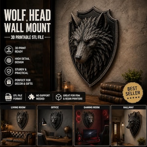 Puede incluir: Una placa de pared con cabeza de lobo gris oscuro y respaldo en forma de escudo. El texto dice WOLF HEAD WALL MOUNT, 3D PRINTABLE STL FILE, 3D PRINT READY, HIGH DETAIL DESIGN, STURDY & PRACTICAL, PERFECT FOR DECOR & GIFTS, STL FILE FORMAT, NO SUPPORT NEEDED, GREAT FOR FDM & RESIN PRINTERS, BEST SELLER.