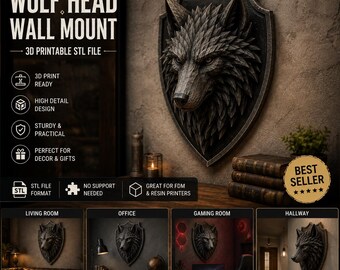 Wolf Head Wall Mount STL | 3D Printable Wolf Trophy | Viking Wall Decor | Wolf Wall Art | Fantasy Shield | Resin & FDM STL File