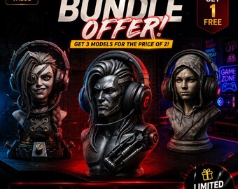 May include: A digital bundle offer featuring three distinct 3D character busts, each wearing large over-ear headphones. The central figure is a metallic cyborg, flanked by a character with an eye patch and a hooded figure. Text includes 3 PREMIUM STL MODELS BUNDLE OFFER and GET 3 MODELS FOR THE PRICE OF 2.