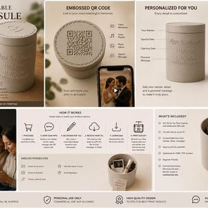 May include: A 3D printable time capsule digital file featuring a cylindrical container with a lid. The lid displays an embossed QR code. The side of the capsule includes customizable text for names, dates, and messages. The set includes instructions.