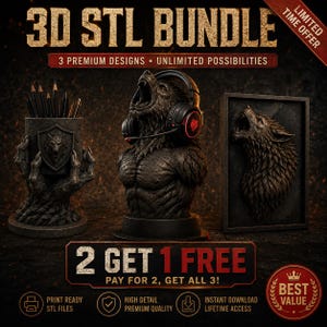 3D Wolf STL Bundle – Gamer Headset Holder, Pen Holder, Wall Art (Digital Download)