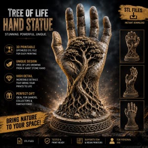 Peut inclure: Un fichier STL imprimable en 3D pour une statue de main Arbre de Vie. Le design présente une main à la texture de pierre avec un arbre poussant depuis la paume, des racines s'étendant vers une base circulaire. Texte : Tree of Life Hand Statue.
