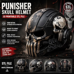 Peut inclure: Casque Punisher Skull noir et beige, fichier STL imprimable en 3D. Le casque présente un design de crâne avec des détails complexes, notamment des orbites et une mâchoire. Conçu pour le cosplay et la collection.