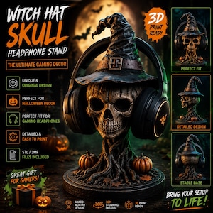 Halloween Witch Hat Skull Headphone Stand STL | 3D Printable Gaming Headset Holder | Pumpkin Gothic Desk Decor | Digital Download